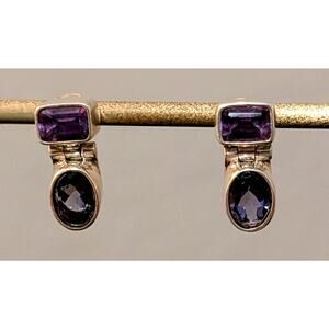Vtg 1990s 925 Sterling Hinged Amethyst & Iolite Gemstone Drop Post Earrings